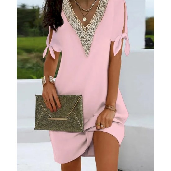 Women Fashion Casual V-Neck Slit Bowknot Short Sleeve Dress