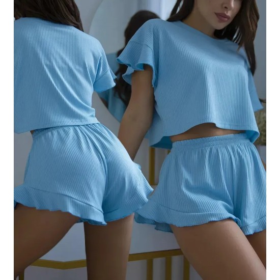Women Fashion Casual Solid Color Ruffled Sleeve Top Loose Shorts Pajamas Two-Piece Set