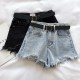 Women Petite Summer Ripped Loose High Waist A- Shaped Raw Hem Denim Shorts