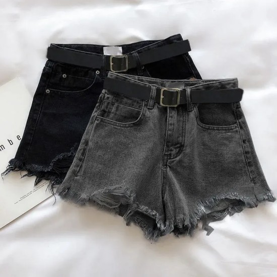 Women Petite Summer Ripped Loose High Waist A- Shaped Raw Hem Denim Shorts