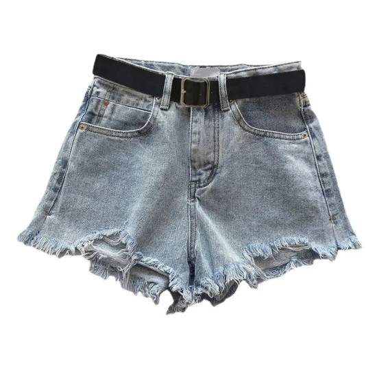 Women Petite Summer Ripped Loose High Waist A- Shaped Raw Hem Denim Shorts