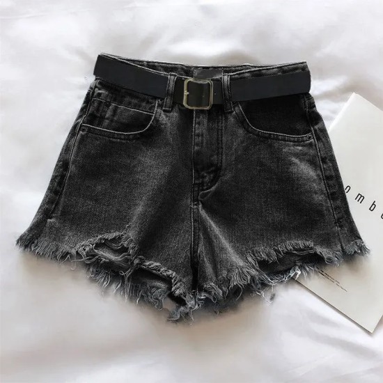 Women Petite Summer Ripped Loose High Waist A- Shaped Raw Hem Denim Shorts