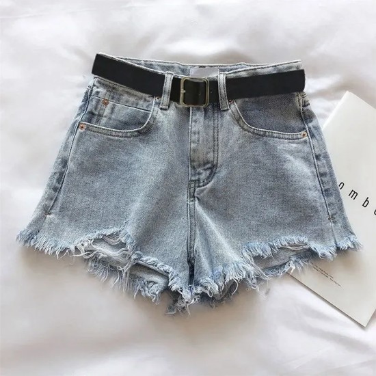 Women Petite Summer Ripped Loose High Waist A- Shaped Raw Hem Denim Shorts