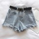 Women Petite Summer Ripped Loose High Waist A- Shaped Raw Hem Denim Shorts