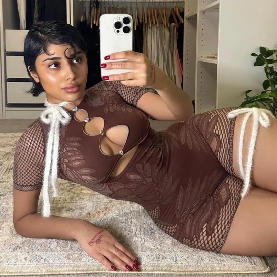 Solid Color Round Neck Short Sleeve Slim-Fit Sexy Hollow-Out One-Piece Rompers