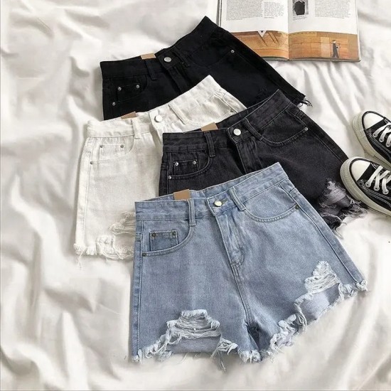 Women Summer High Waist Loose Wide Leg Ripped Denim Shorts