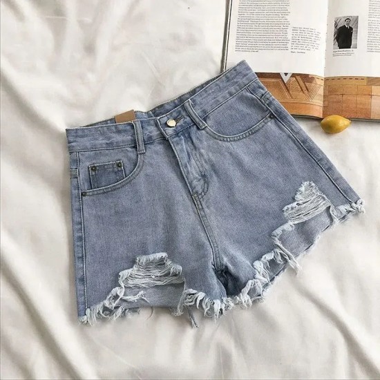 Women Summer High Waist Loose Wide Leg Ripped Denim Shorts