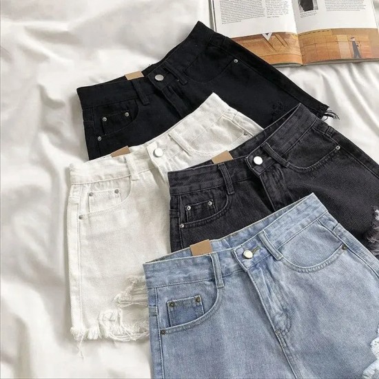 Women Summer High Waist Loose Wide Leg Ripped Denim Shorts