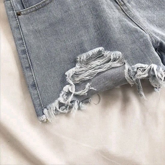 Women Summer High Waist Loose Wide Leg Ripped Denim Shorts