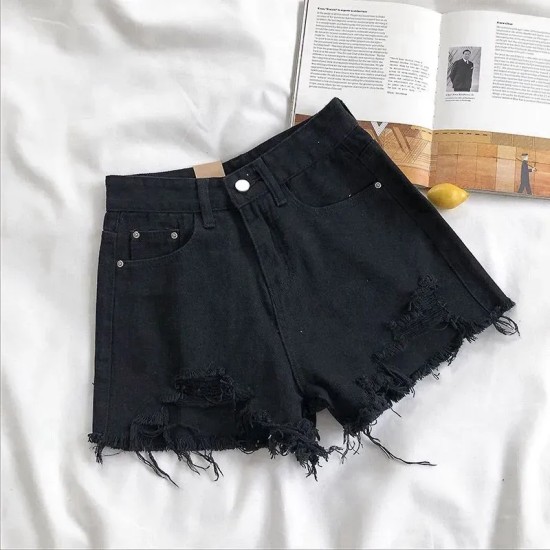 Women Summer High Waist Loose Wide Leg Ripped Denim Shorts