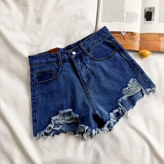 Women Summer High Waist Loose Wide Leg Ripped Denim Shorts