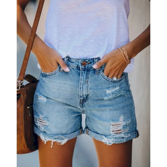 Women Casual Versatile Ripped Mid-Waist Straight-Leg Denim Shorts