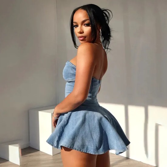 Women Fashion Strapless A- Line Denim Dress