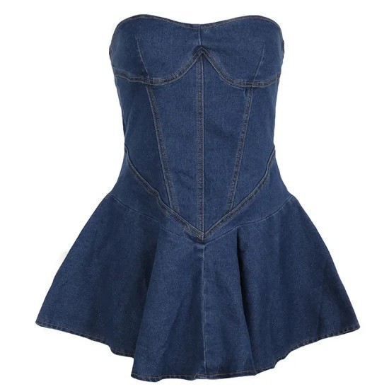 Women Fashion Strapless A- Line Denim Dress