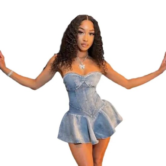 Women Fashion Strapless A- Line Denim Dress