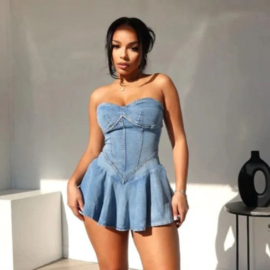 Women Fashion Strapless A- Line Denim Dress