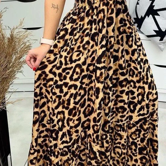 Women Fashion Leopard Print Spaghetti Strap Defined Waist Loose Vacation Maxi Dress