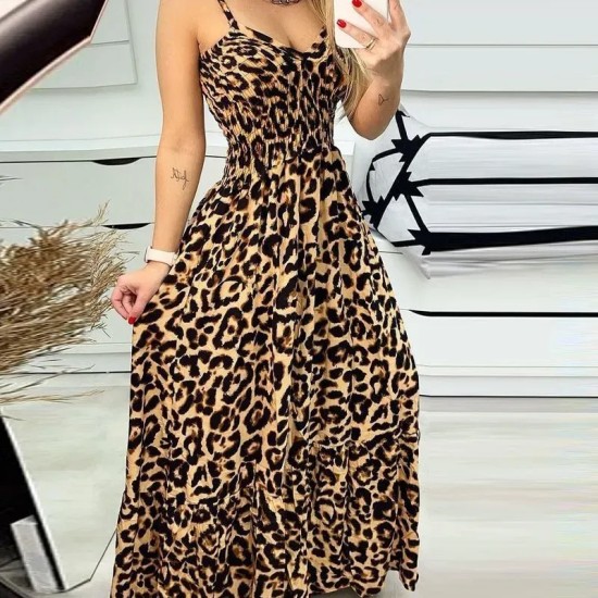 Women Fashion Leopard Print Spaghetti Strap Defined Waist Loose Vacation Maxi Dress